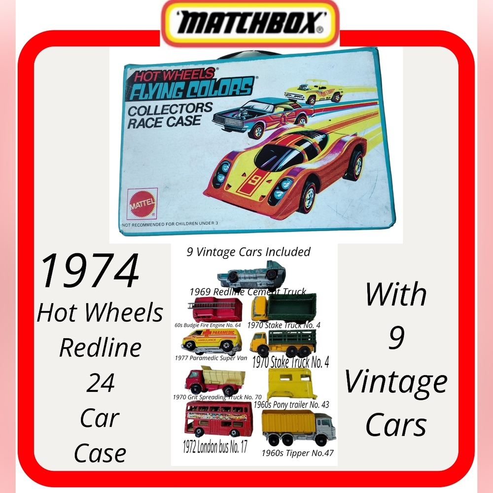 1974 Matchbox Flying Colors Blue Collectors Race Case with 9 Vintage Cars